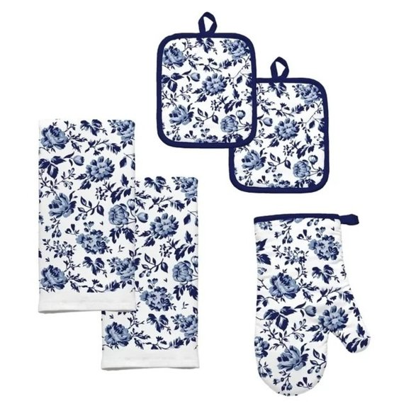 Floral Blooms Kitchen Towel Set 5-Pc Pot Holder Oven Mitt Navy Blue White NEW - Picture 1 of 6